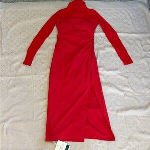 HALARA Bright Red Long-Sleeve Turtleneck Midi Dress with Side Slit